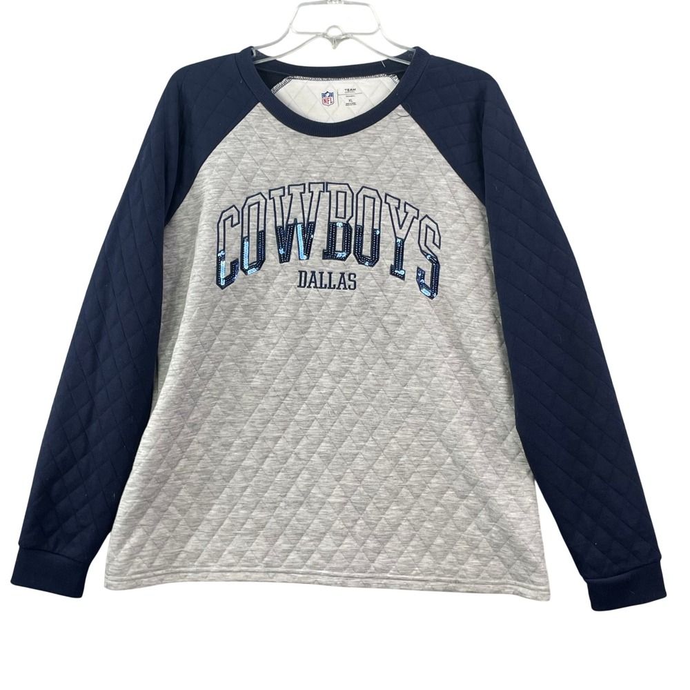 NFL Dallas Cowboys Sweatshirt Women XL Gray Navy Quilted Sequin Pullover Sports